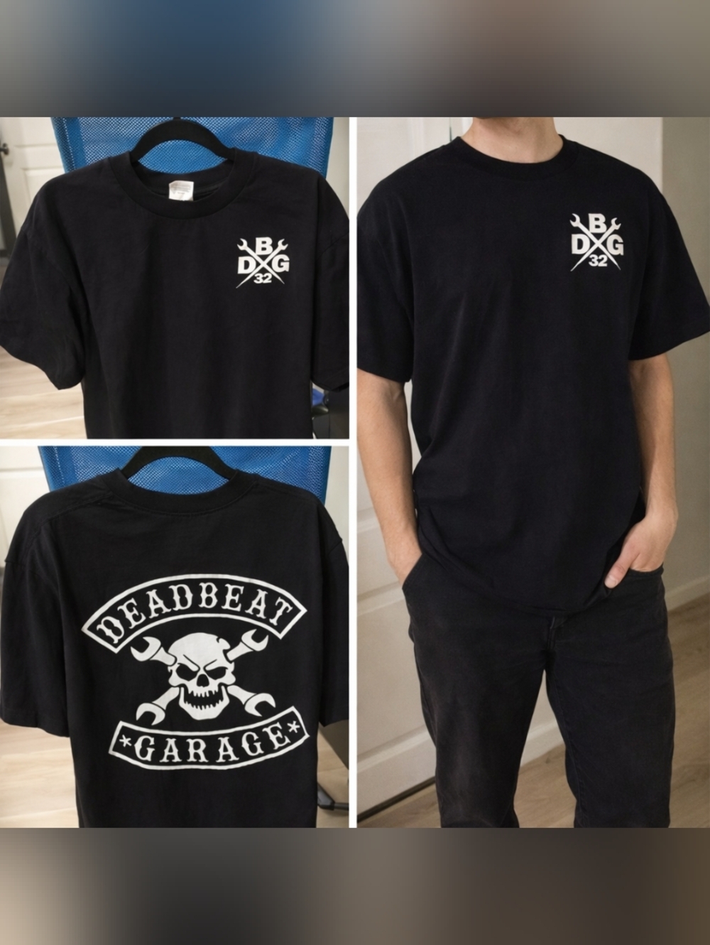 BDG 32 Black Graphic Tee Deadbeat Garage Skull Back Print Men’s Size 2XL
